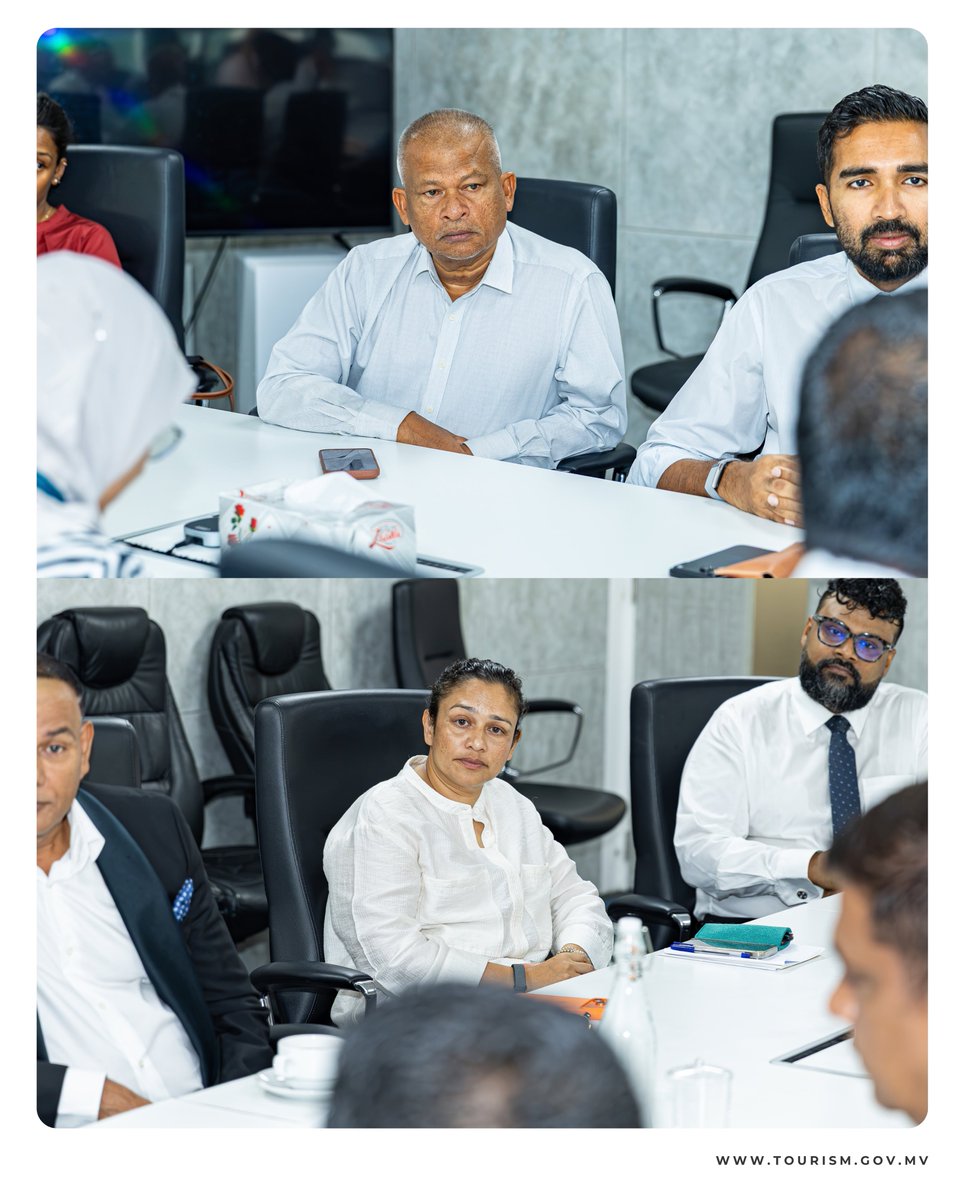 MoTmv's tweet photo. Today, the Minister of Tourism and Civil Aviation Honorable Mohamed Ameen, together with ministers from relevant ministries, met senior tourism industry leaders as part of the ongoing industry dialogue. Discussions focused on increasing tourist arrivals, achieving the 2027 target and addressing current challenges. Key goals were agreed upon based on industry recommendations, reaffirming the Government’s commitment to working closely with the sector.