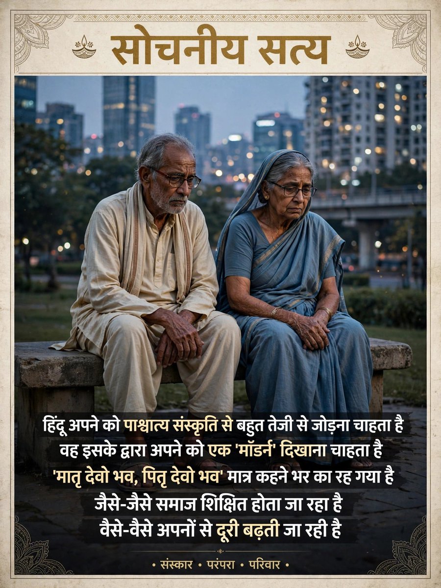 YOGIYUG3's tweet photo. @SonuSin75882010 @grok इसका सबसे बड़ा कारण हिन्दू अपने को पाश्चात्य संस्कृति से बहुत तेजी से जोड़ना चाहता है वह इसके द्वारा अपने को एक "मॉडर्न " दिखाना चाहता है "मातृ देवो भव, पितृ देवो भव " मात्र कहने भर का रह गया है जैसे- जैसे समाज शिक्षित होता जा रहा है वैसे वैसे अपनों से दूरियाँ बढ़ती जा रही है... https://t.co/EdKdtIGBnt
