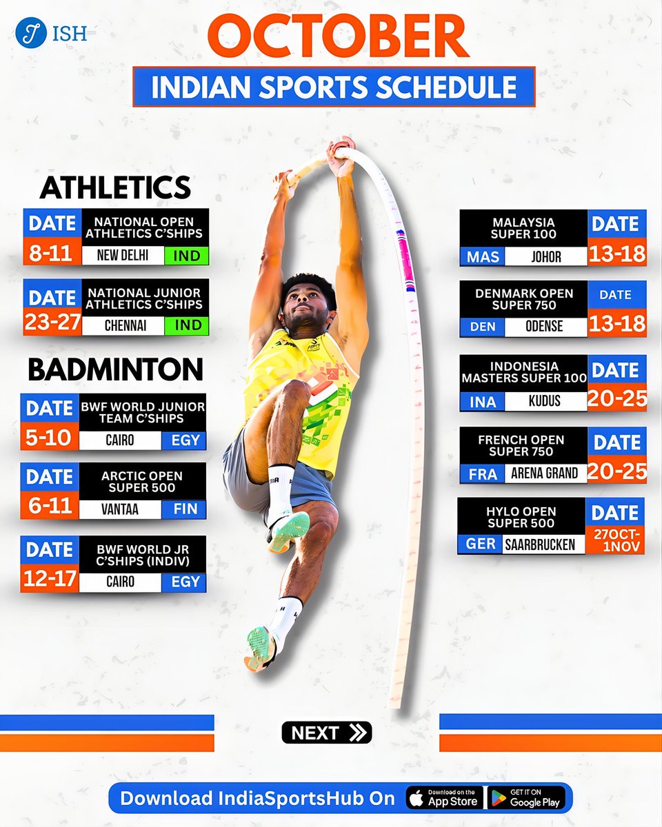 IndiaSportsHub's tweet photo. OCTOBER INDIAN SPORTS CALENDAR 🚨 

Indian athletes in action across the globe and in multiple sports, which one are you most looking forward to. Let us know in the comments below https://t.co/oxM2YH9FMZ