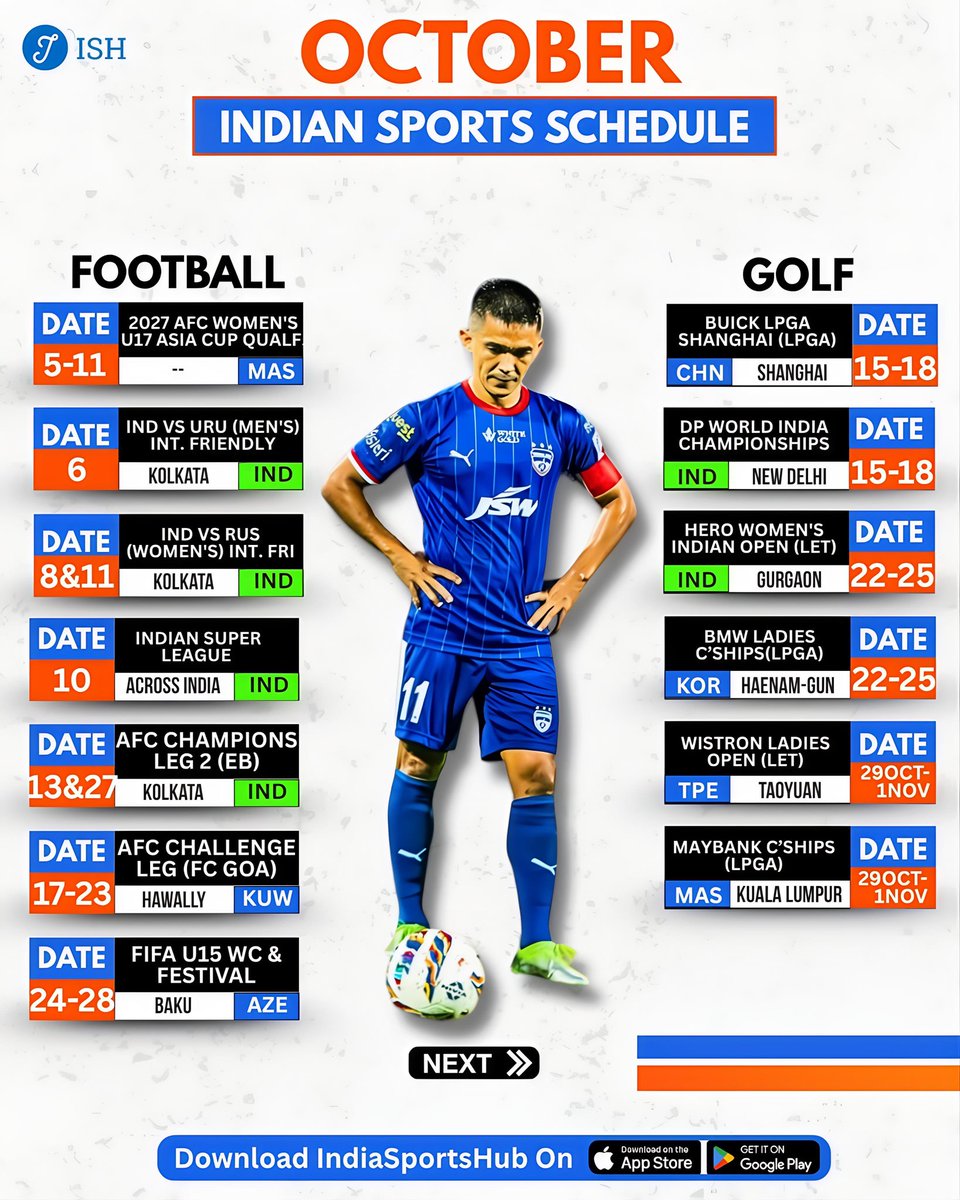 IndiaSportsHub's tweet photo. OCTOBER INDIAN SPORTS CALENDAR 🚨 

Indian athletes in action across the globe and in multiple sports, which one are you most looking forward to. Let us know in the comments below https://t.co/oxM2YH9FMZ