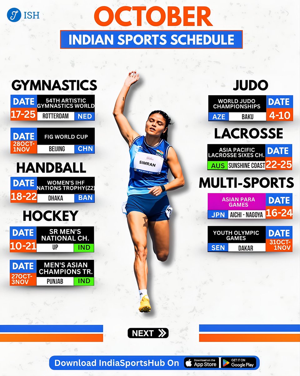 IndiaSportsHub's tweet photo. OCTOBER INDIAN SPORTS CALENDAR 🚨 

Indian athletes in action across the globe and in multiple sports, which one are you most looking forward to. Let us know in the comments below https://t.co/oxM2YH9FMZ