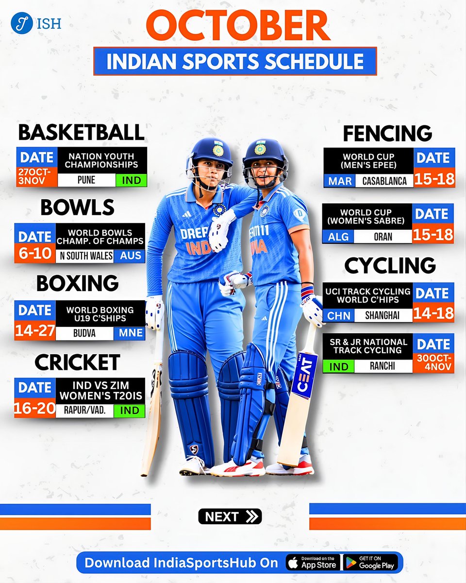 IndiaSportsHub's tweet photo. OCTOBER INDIAN SPORTS CALENDAR 🚨 

Indian athletes in action across the globe and in multiple sports, which one are you most looking forward to. Let us know in the comments below https://t.co/oxM2YH9FMZ