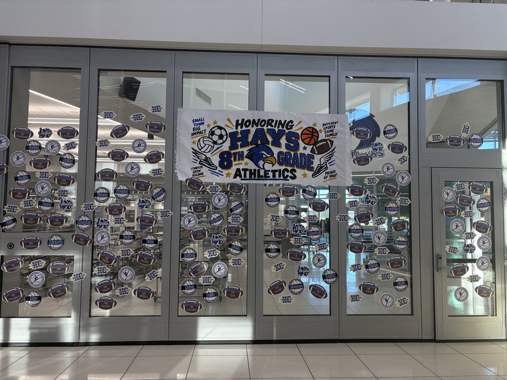 ProsperHaysMS's tweet photo. To honor our 8th Grade Fall Athletes, Cheer put together this incredible display with every athlete's name and sport! Come see them in action this week:
🏃Cross Country - Monday at Richland
🏈🤸‍♀️💃Football (+ Cheer &amp; Dance) - Tuesday at Hays
🏐Volleyball - Thursday at Hays https://t.co/oVzsB9PFv1