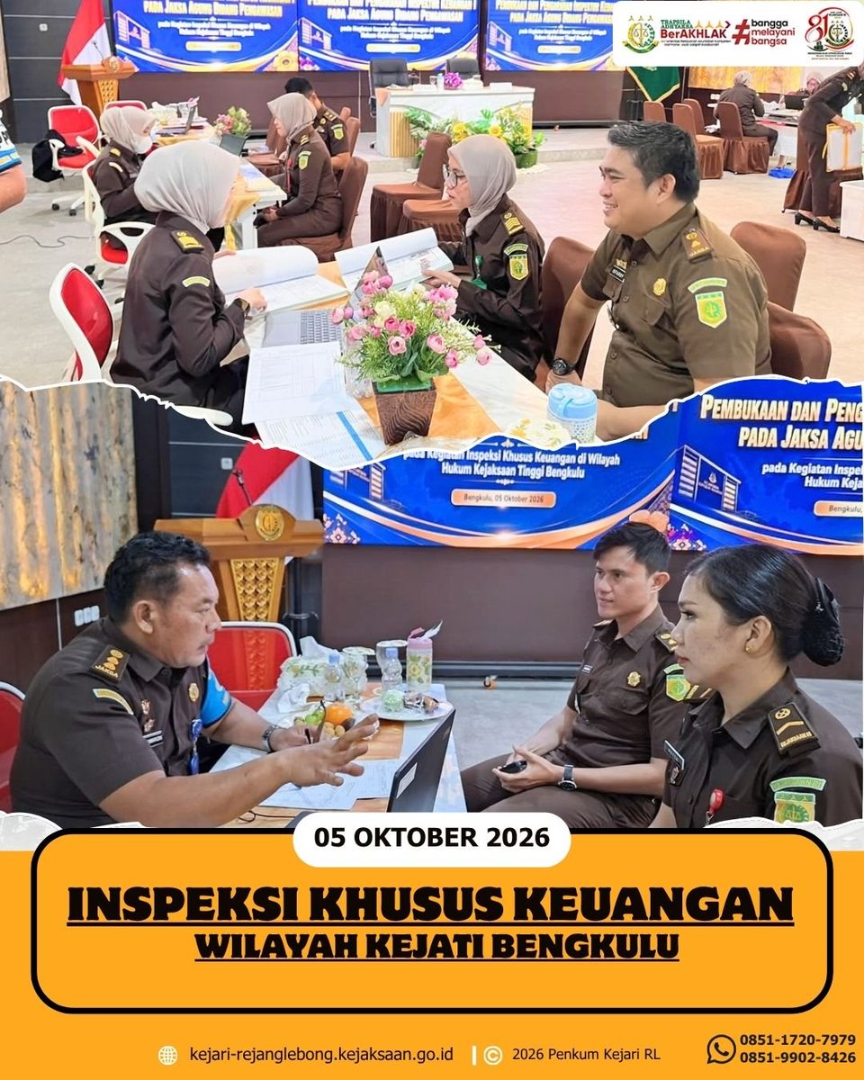 kejariRL's tweet photo. Senin, 05 Oktober 2026.
Kejaksaan Negeri Rejang Lebong melaksanakan kegiatan Inspeksi Khusus Keuangan Sewilayah Kejati Bengkulu.
Bertempat di Kejati Bengkulu https://t.co/C6v3cwMmrY