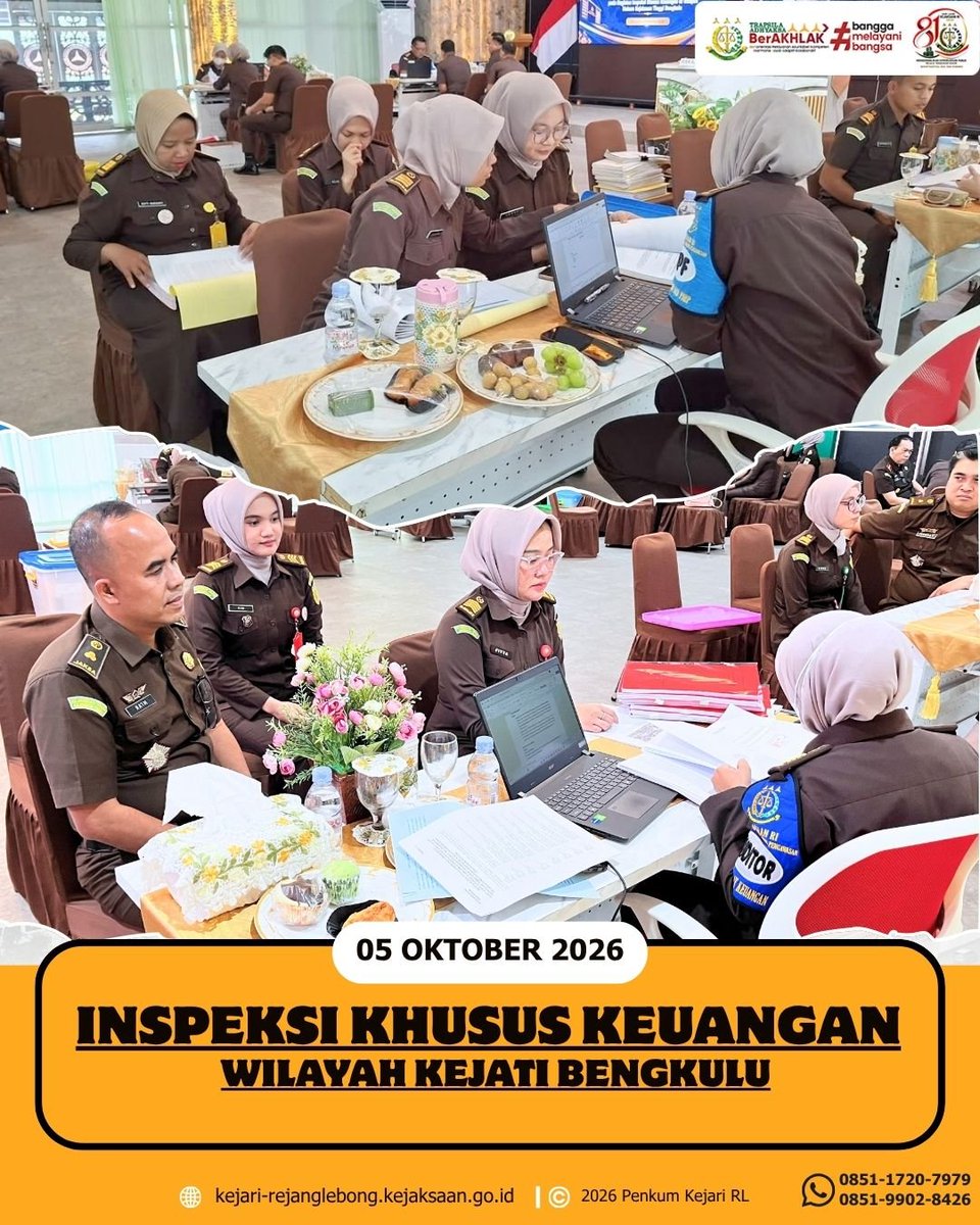 kejariRL's tweet photo. Senin, 05 Oktober 2026.
Kejaksaan Negeri Rejang Lebong melaksanakan kegiatan Inspeksi Khusus Keuangan Sewilayah Kejati Bengkulu.
Bertempat di Kejati Bengkulu https://t.co/C6v3cwMmrY