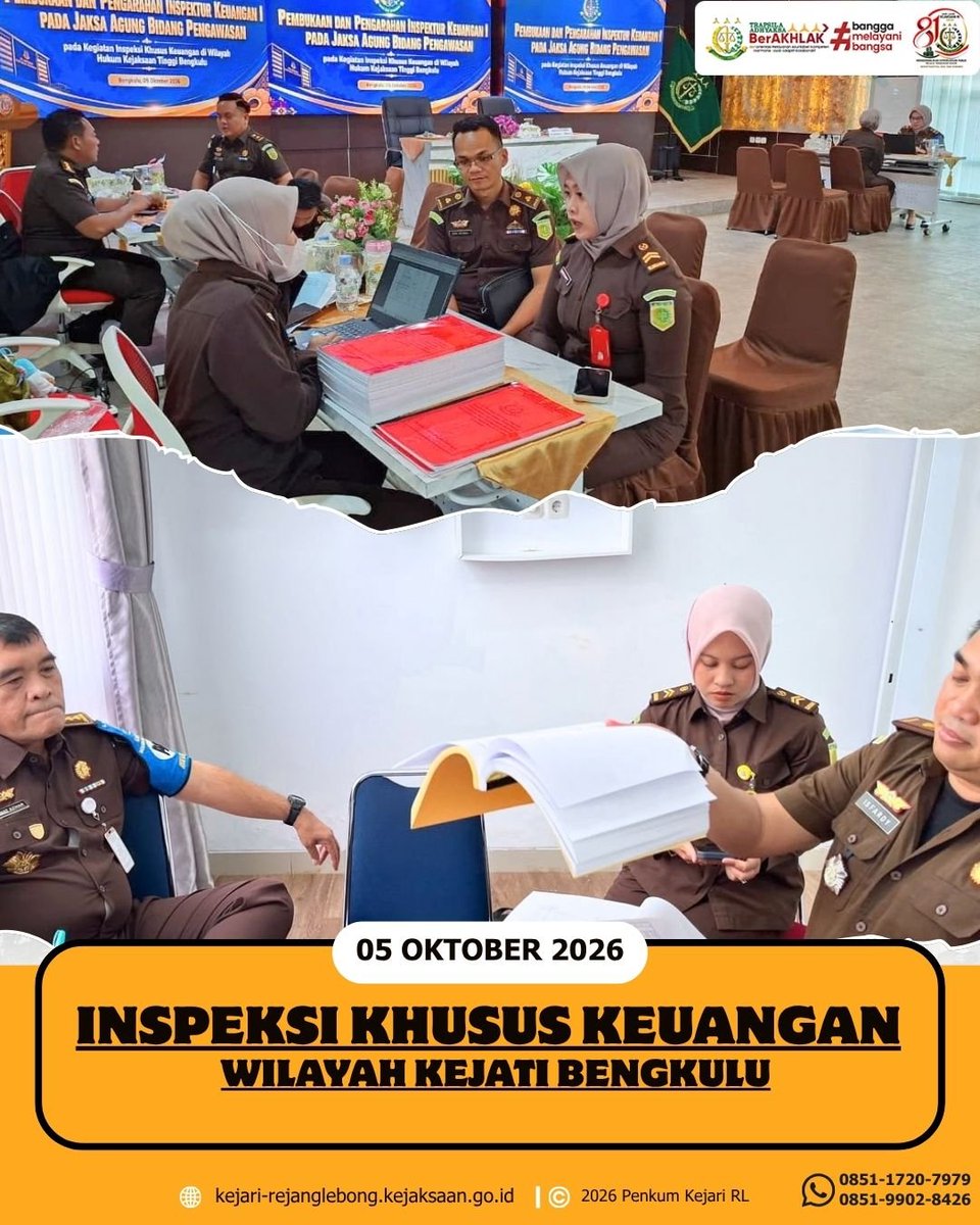 kejariRL's tweet photo. Senin, 05 Oktober 2026.
Kejaksaan Negeri Rejang Lebong melaksanakan kegiatan Inspeksi Khusus Keuangan Sewilayah Kejati Bengkulu.
Bertempat di Kejati Bengkulu https://t.co/C6v3cwMmrY