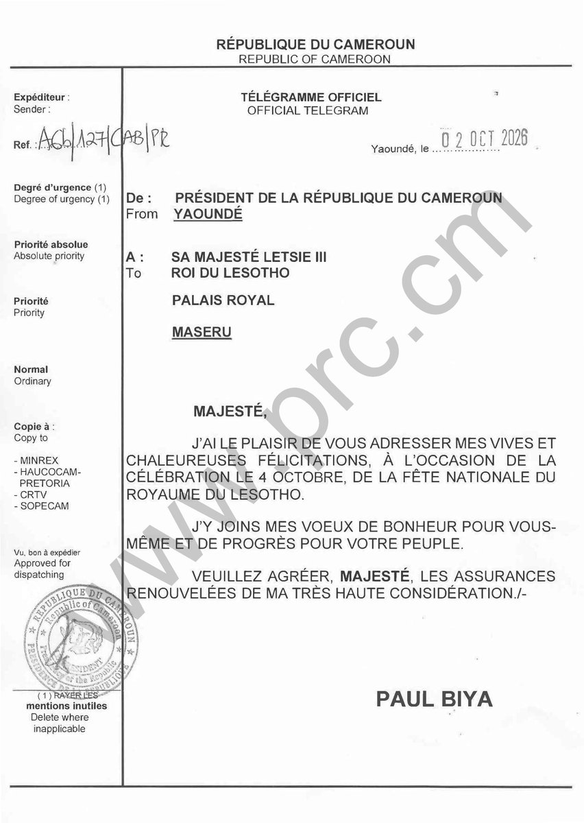CabinetCivilPRC's tweet photo. 🇨🇲🇱🇸
Message de félicitations du Président Paul Biya à Sa Majesté Letsie III, à l'occasion de la célébration de la fête nationale du Royaume du Lesotho, le 4 octobre 2026.

#PaulBiya
#Cameroun https://t.co/4eTXXNAil6
