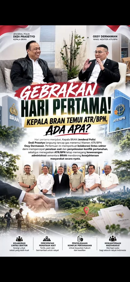 jurnal1nformasi's tweet photo. BRAN dan ATR/BPN mulai duduk bersama. Targetnya jelas: memperkuat kolaborasi demi reforma agraria yang tak hanya tertib administrasi, tetapi juga membawa manfaat bagi masyarakat.

#BRAN #ATRBPN #FYP #Pertanahan https://t.co/EtlEjV3cIr