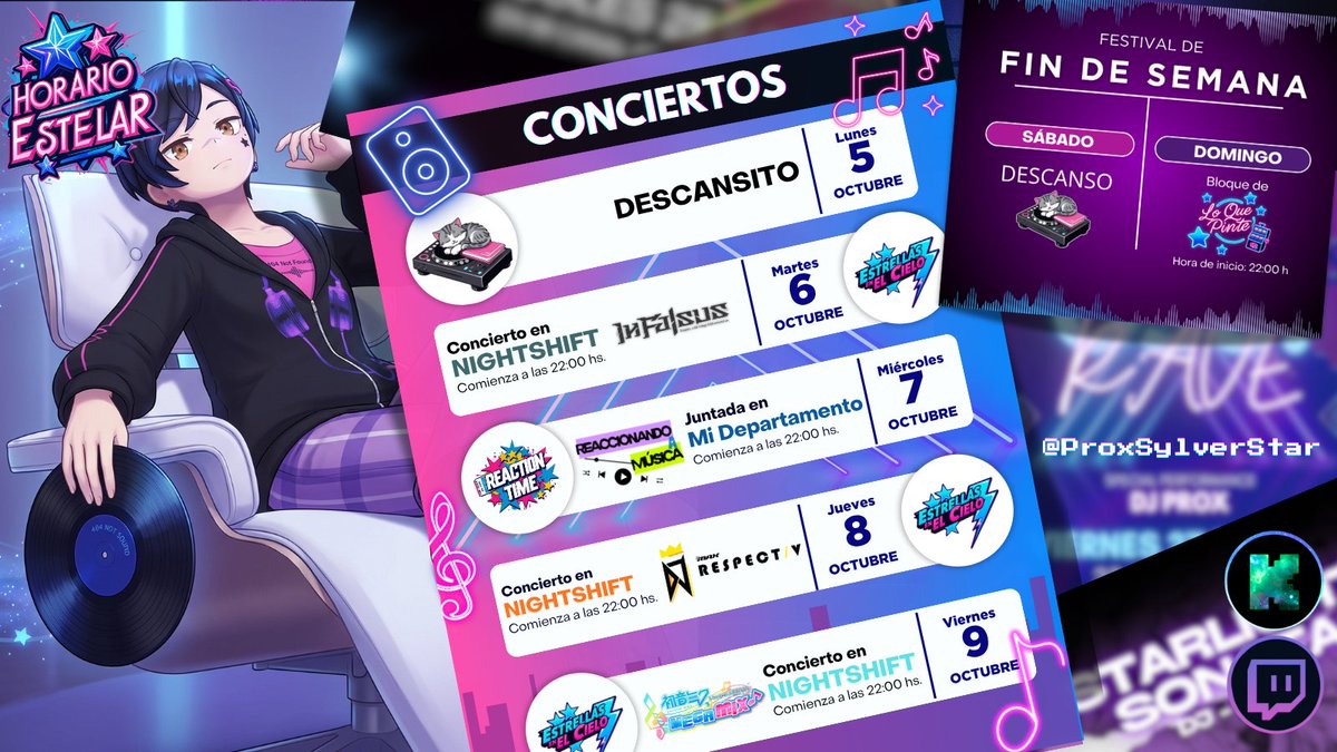 ProxSylverStar's tweet photo. ⭐️¡LINE UP ESTELAR!⭐️
📢ON LIVE STREAM⚡️
#Cronograma #Semanal
#OnLive #stream #VtuberES
☆>LUNES- Descanso
☆>MARTES- 22:00: #InFalsus
☆>MIÉRCOLES- 22:00: #REACTIONTIME
☆>JUEVES- 22:00 #DJMAX
☆>VIERNES - 22:00: #ProjectDivaMegaMix https://t.co/JAc492f1YK