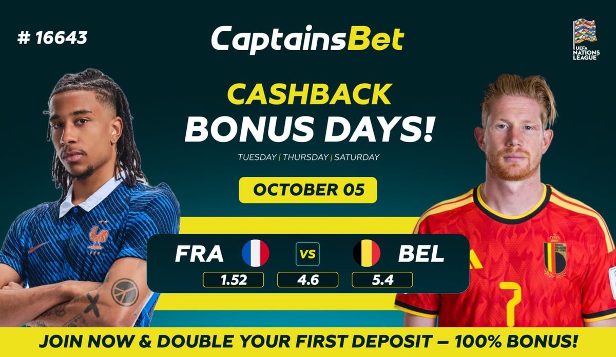 KingVictorTips's tweet photo. 🔥 CASHBACK BONUS DAYS! 💰

📅 OCTOBER 05

Your bets can bring you more every Tuesday, Thursday & Saturday! ⚽️

🎯 TODAY'S FEATURED MATCH:

🇫🇷 France vs Belgium 🇧🇪

🎟 #16643

🔥 BET. WIN. GET CASHBACK.

💰 PLUS: DOUBLE YOUR FIRST DEPOSIT!
🎁 100% FIRST DEPOSIT BONUS

🚀 Join CaptainsBet and make every match count!

🎁 Promo Code: VICTOR
🔗 https://t.co/rhr1fRWiza

📲 Follow my Telegram:
https://t.co/hnzvPoyeK5

#CAPTAINSBET #Cashback #CashbackBonus #SportsBetting #Football #BettingTips #FootballPredictions #AccaTips #BettingCommunity