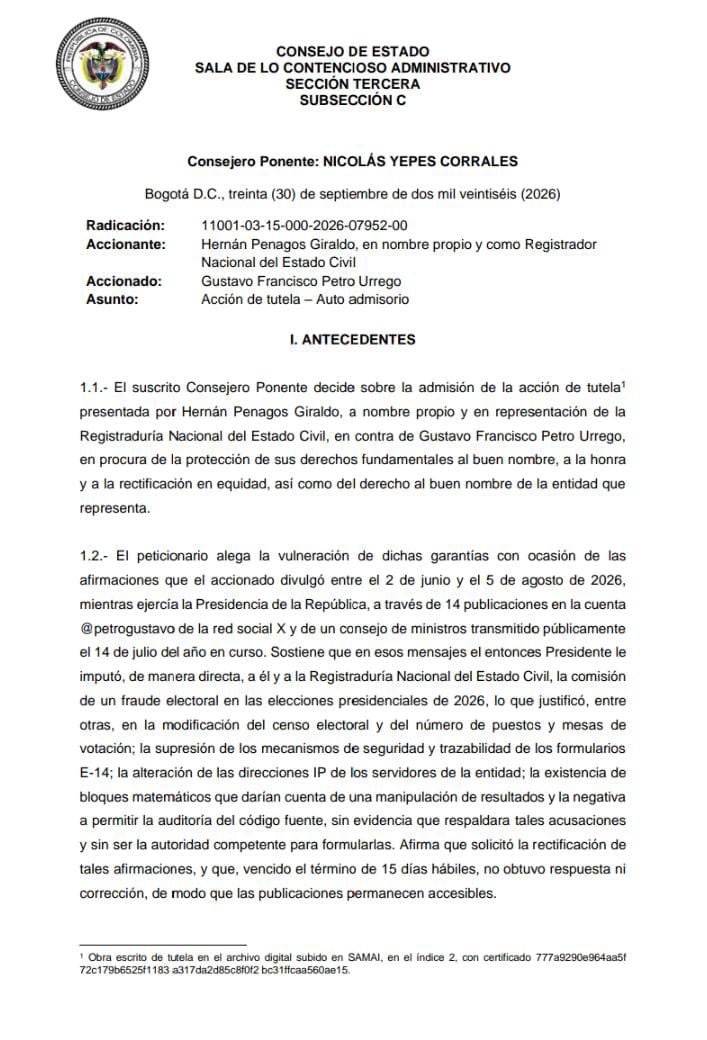 BluRadioCo's tweet photo. Esta es la acción de tutela que interpuso Hernán Penagos, registrador nacional, contra Gustavo Petro por vulnerar su buen nombre y honra. La demanda responde a las acusaciones de fraude electoral realizadas por Petro entre junio y agosto de 2024, a través de 14 publicaciones en X y la alocución del 14 de julio. #VocesySonidos
