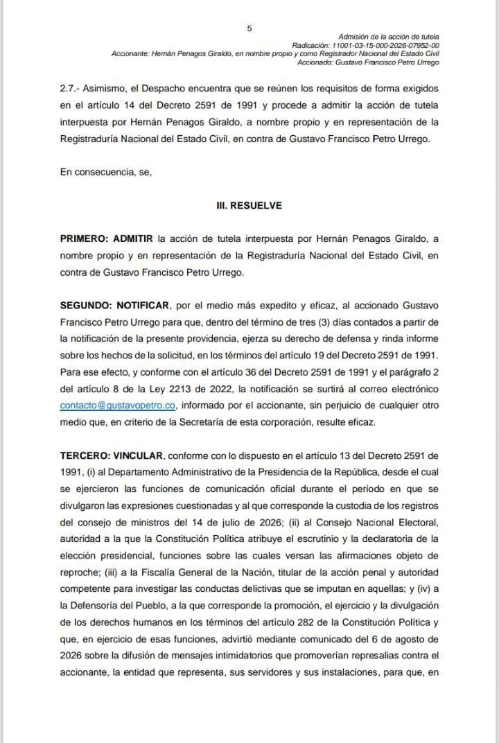 BluRadioCo's tweet photo. Esta es la acción de tutela que interpuso Hernán Penagos, registrador nacional, contra Gustavo Petro por vulnerar su buen nombre y honra. La demanda responde a las acusaciones de fraude electoral realizadas por Petro entre junio y agosto de 2024, a través de 14 publicaciones en X y la alocución del 14 de julio. #VocesySonidos