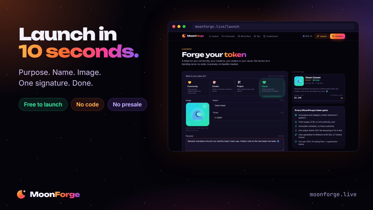 Moon__Forge's tweet photo. One form, one signature: purpose, name, image. Done.

Your token starts on a bonding curve: your people can buy or sell instantly, no liquidity needed. https://t.co/9QAWCLOu9K