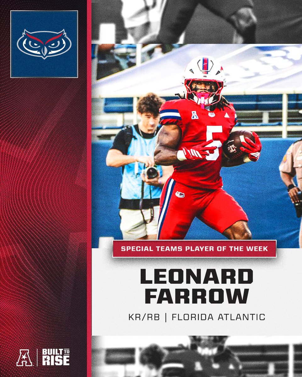 American_Conf's tweet photo. 𝐒𝐩𝐞𝐜𝐢𝐚𝐥 𝐓𝐞𝐚𝐦𝐬 𝐏𝐥𝐚𝐲𝐞𝐫 𝐨𝐟 𝐭𝐡𝐞 𝐖𝐞𝐞𝐤 🏈

Leonard Farrow x @FAUFootball 🦉

#BuiltToRise x #AmericanFB https://t.co/RbEf7ySNkL