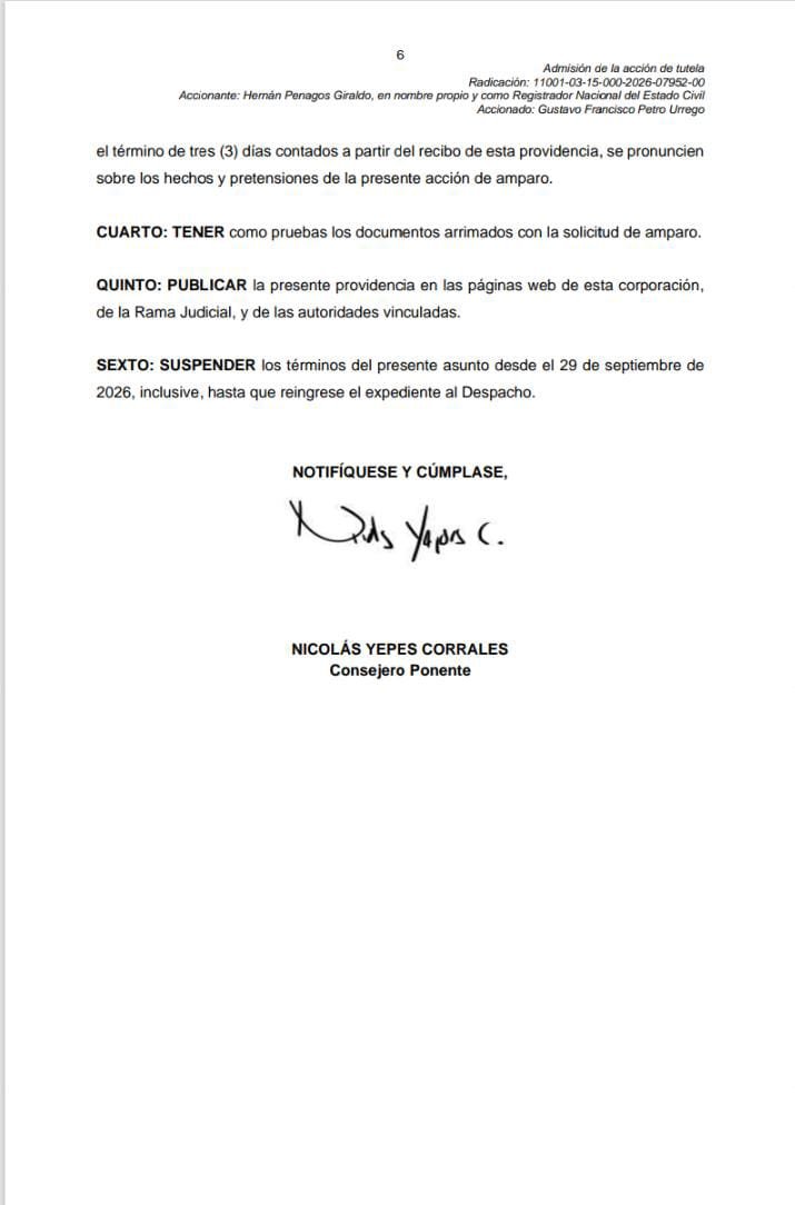 BluRadioCo's tweet photo. Esta es la acción de tutela que interpuso Hernán Penagos, registrador nacional, contra Gustavo Petro por vulnerar su buen nombre y honra. La demanda responde a las acusaciones de fraude electoral realizadas por Petro entre junio y agosto de 2024, a través de 14 publicaciones en X y la alocución del 14 de julio. #VocesySonidos