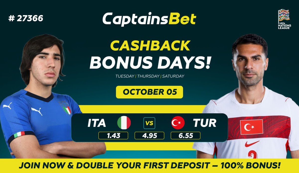 KingVictorTips's tweet photo. 🔥 CASHBACK BONUS DAYS! 💰

📅 OCTOBER 05

Your bets can bring you more every Tuesday, Thursday & Saturday! ⚽️

🎯 TODAY'S FEATURED MATCH:

🇮🇹 Italy vs Turkey 🇹🇷

🎟 #27366

🔥 BET. WIN. GET CASHBACK.

💰 PLUS: DOUBLE YOUR FIRST DEPOSIT!
🎁 100% FIRST DEPOSIT BONUS

🚀 Join CaptainsBet and make every match count!

🎁 Promo Code: VICTOR
🔗 https://t.co/rhr1fRWiza

📲 Follow my Telegram:
https://t.co/hnzvPoyeK5

#CAPTAINSBET #Cashback #CashbackBonus #SportsBetting #Football #BettingTips #FootballPredictions #AccaTips #BettingCommunity