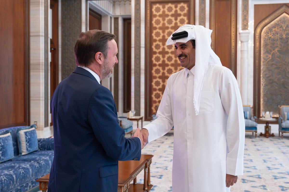 ChrisMurphyCT's tweet photo. In Qatar, I met with the Emir, Sheikh Tamim bin Hamad Al Thani.

There are so many things Qatar does to protect U.S. interests. They host our biggest military base in the region. They house 1000 Afghan refugees (that Trump refuses to let into the U.S.). They were key to getting the hostages out of Gaza. And they are mediators right now in the effort to end the war with Iran. 

I thanked him for all of this. Qatar is and will remain an essential ally of the United States. 

Of course, I was also candid with him, in particular regarding my deep concerns about the transfer of the luxury plane. 

It was a very good, honest discussion.