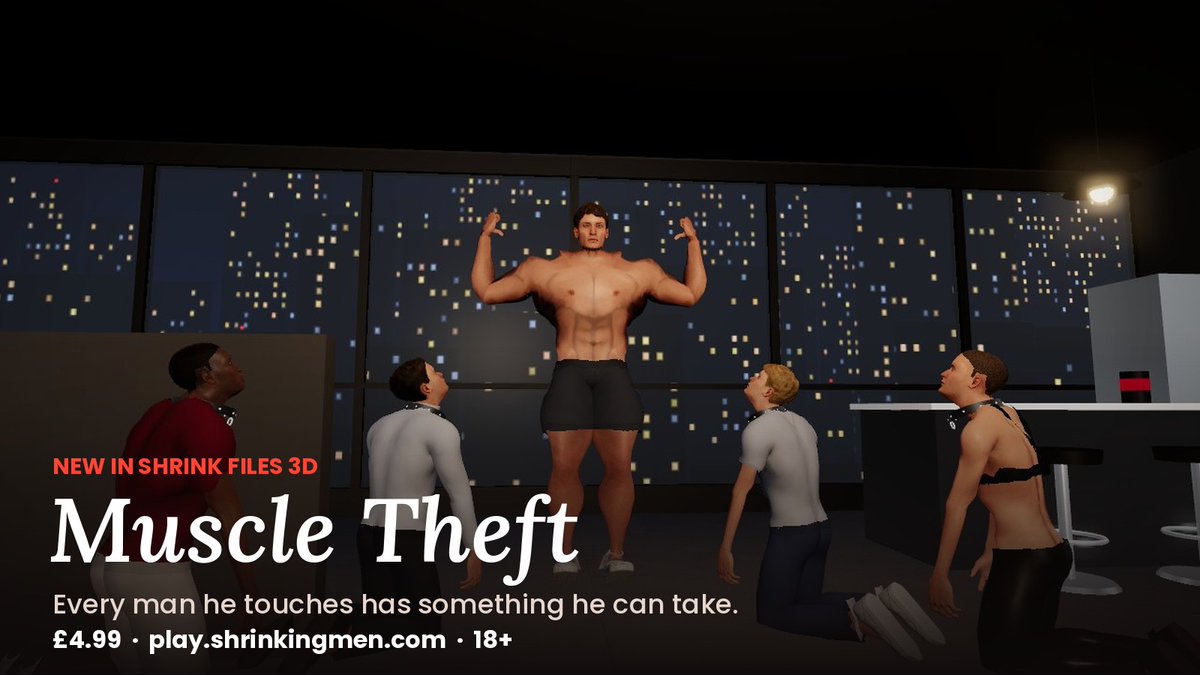 GayShrinkingMen's tweet photo. NEW: Muscle Theft 💪

Play as Tex. Every man he touches has muscle he can take.

Win the tug of war and watch it pour into you, from 145 lb of nothing to seven feet of freak. Seven men. Five endings.

£4.99 · https://t.co/0KYU6zlK9M · 18+ https://t.co/m57MAWRuHZ