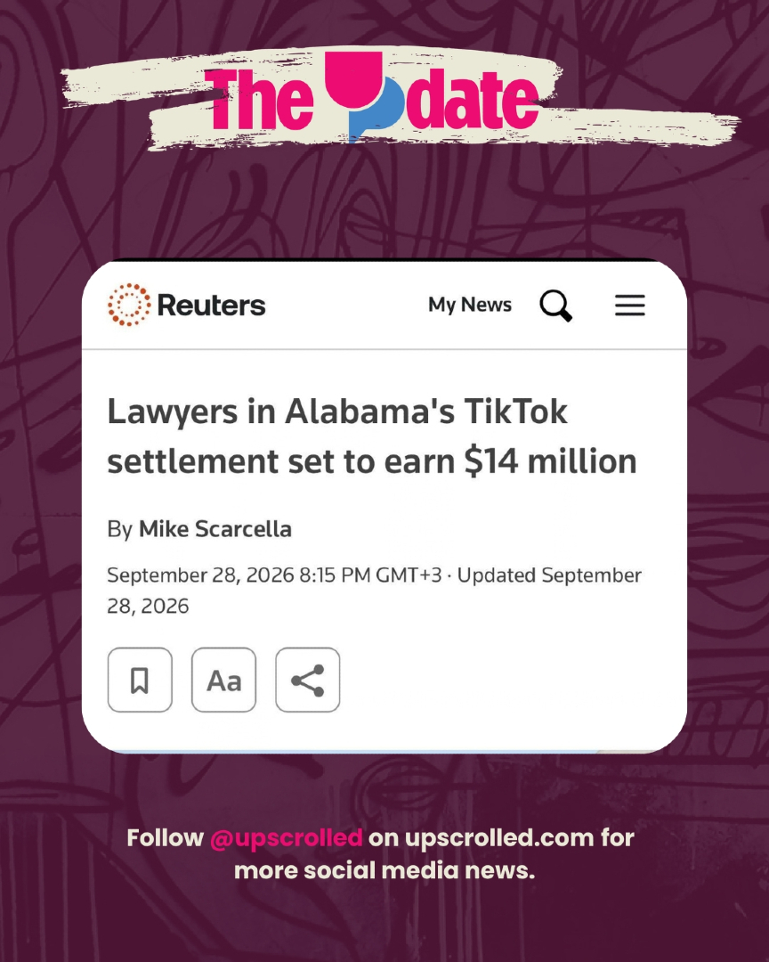 realUpScrolled's tweet photo. The UpDate: Lawyers in Alabama's TikTok settlement set to earn $14M.

Of the $116M TikTok is paying Alabama over child safety claims, $14.2M goes straight to attorneys' fees, with $100M going to the state.

#UpScrolled #TheUpDate https://t.co/z8dCwHO6c4