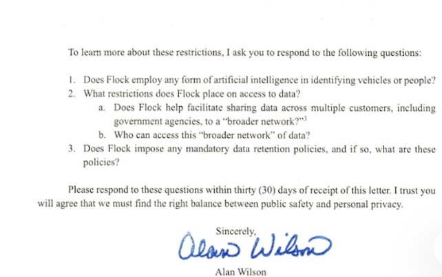 AGAlanWilson's tweet photo. Flock Safety has more than 120,000 cameras across 49 states. When a company has that kind of reach, South Carolinians deserve to know exactly how their data is being used.

I’m seeking answers about Flock’s use of AI, who has access to its data, and how long that data is kept.

I will always support giving law enforcement the tools they need to catch criminals. But protecting public safety cannot come at the expense of the privacy and constitutional rights of law-abiding citizens.