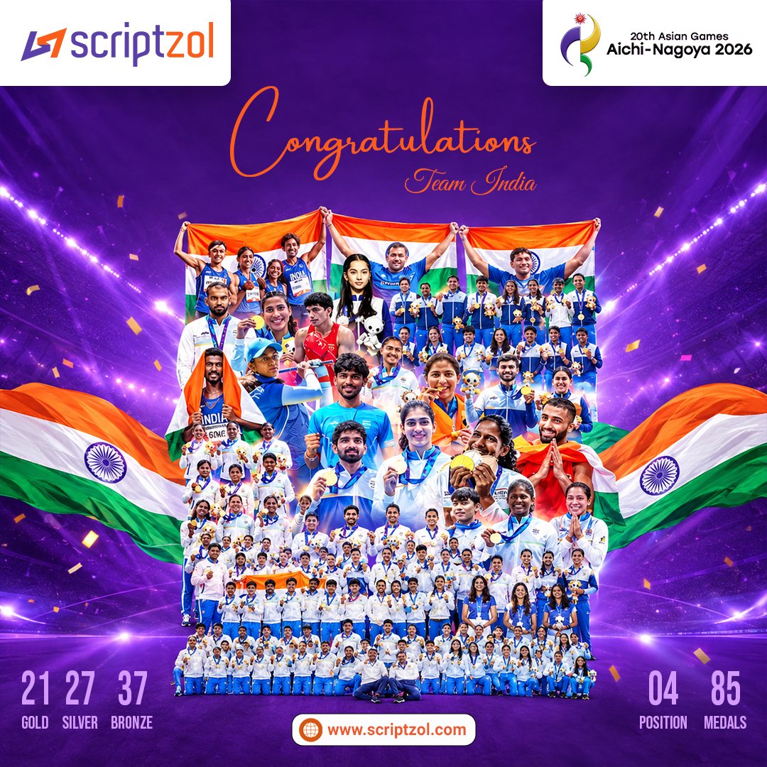 scriptzol's tweet photo. 85 MEDALS. ONE NATION. ONE PROUD MOMENT! 🏅

A massive salute to Team India for making the nation proud at the 20th Asian Games!❤️

🥇 21 Gold | 🥈 27 Silver | 🥉 37 Bronze
Proud of our champions!👏

Tag someone who always cheers for Team India! 👇❤️

#TeamIndia #IndianAthletes https://t.co/Sd2vZ0yVAG