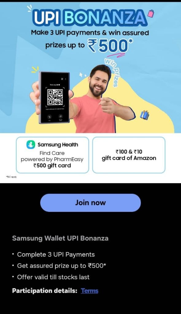 TechEarnTips's tweet photo. Samsung UPI Bonanza Offer is Live!

• Complete 3 UPI transactions of any amount.
• Win an *Amazon voucher* worth *₹10, ₹100, or ₹500*
• Exclusive to Samsung users: Open the Samsung Wallet app and complete your transactions to claim the offer. https://t.co/BQVkznOlyh