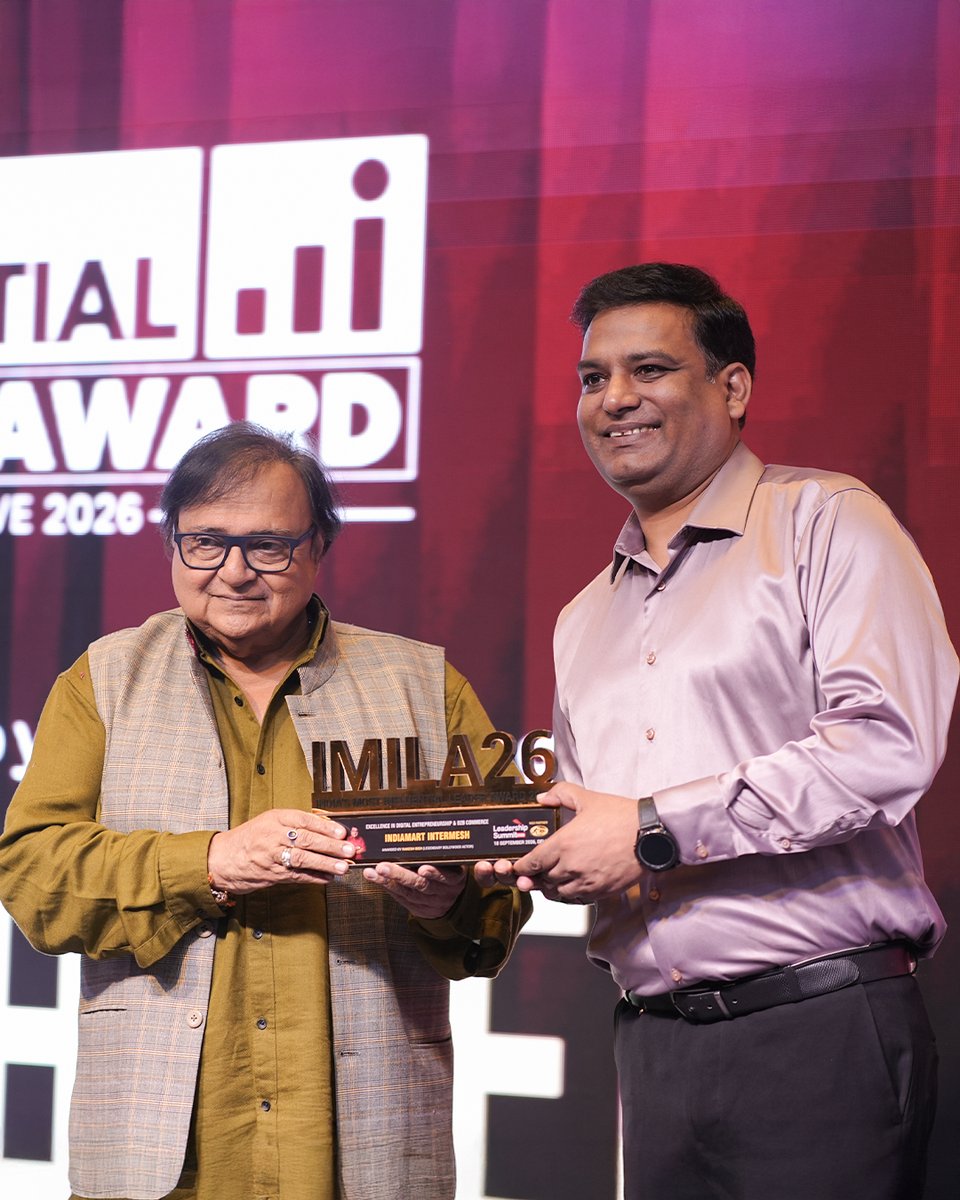 IndiaMART's tweet photo. The digital shift changed how India does business.

IndiaMART has been part of that change for 30 years. At the LeadershipX Summit 2026, IndiaMART was honoured with the Excellence in Digital Entrepreneurship & B2B Commerce award in recognition of its contribution to digital entrepreneurship and B2B commerce. Presented by veteran actor Rakesh Bedi, the award was received by Deepak Gupta, Vice President, IndiaMART.

A meaningful milestone in a journey that continues to evolve with India's businesses.

#IndiaMART #KaamYahinBantaHai #Award #IMILA26 #MSMEs #B2BIndia