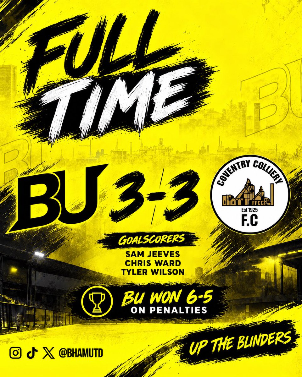 BUFCFirst's tweet photo. What a game! 🤯

Birmingham United 3–3 Coventry Colliery
⚽ Sam Jeeves
⚽ Chris Ward
⚽ Tyler Wilson

BU WIN 6–5 ON PENALTIES! 🟡⚫🔥

Into the next round! 👊

UP THE BLINDERS! 🖤💛 https://t.co/K0AD9uEbqb