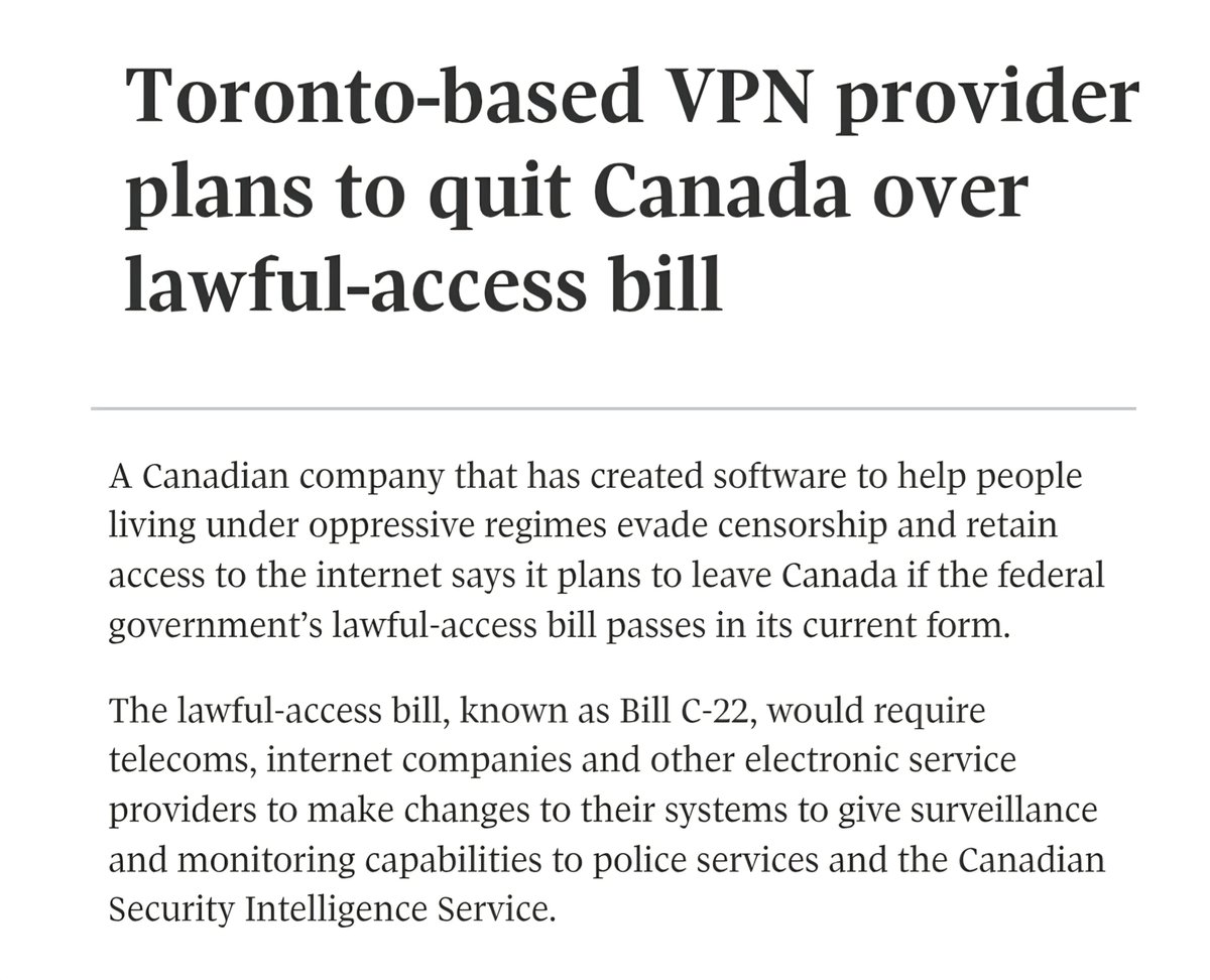 KirkLubimov's tweet photo. Disastrous policies have disastrous consequences.

A Canadian company, Psiphon, built software that helps people in authoritarian countries get around censorship. Now it says it may have to leave Canada 🇨🇦

The reason: Bill C-22 would require telecoms and internet providers to build surveillance and monitoring capabilities into their systems for police and CSIS.

When privacy tools say they can't operate safely here, that's worth paying attention to.

Tech exodus begins, as predicted.