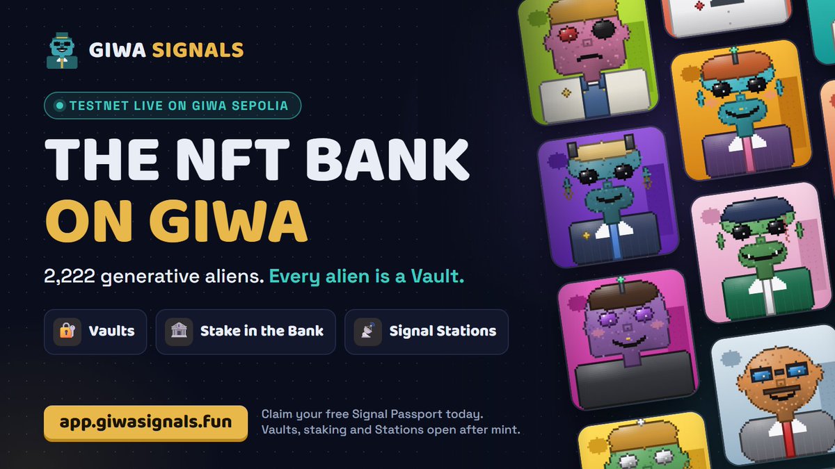 GiwaSignals's tweet photo. Staking and Signal Stations: how the NFT Bank on GIWA will work 👽🏦

Giwa Signals is 2,222 generative pixel aliens, and every alien is a Vault. After mint, two things put that Vault to work: staking in the Bank, and Signal Stations.

🔐 First, the Vault
Every alien is paired with its own Vault, opened at mint. It is the permanent record of what that alien does: the Signal Points (SP) it earns, its staking history, its achievements and its Station results.
The Vault belongs to the NFT, not the wallet. Sell or transfer the alien and the whole record goes with it. 
                                                             
🏦 Staking in the Bank
1) Stake your alien from the app. It is locked in the Bank's staking contract.
2) Every day it stays staked, its Vault is credited with SP, once per alien per day.
3) Staking milestones unlock staking-only achievements, written to the Vault.
4) The design lets you unstake whenever you like. The Vault keeps everything it recorded.                                      
                                            
📡 Signal Stations
Stations are crews that pick up the Signal together.         • Open: any alien holder can open a Station for free and give it a name.                                                        
• Join: anyone witone Station at atime, also free.          
• Compete: Stations rank in seasons by the SP their members and their members' Vaults earn.
• Win: top Stations and their crews earn bonus SP and season badges, recorded in members' Vaults and profiles.

🔁 How the two fit together
A staked alien earns SP into its Vault every day and that SP  counts toward its a crew keeps its aliens in Bank, stronger its Station ranks, and every   result is written back to the Vaults for good.
                                                                
Mint on @GIWA_by_Upbit  (Vaults open)  → Bank opens for staking → Signal Stations and Season 1

🟢 What you can do today                                           
The Signal Network is live on the GIWA Sepolia testnet. Claim your free Signal Passport, collect Signal Points and take your place on the leaderboard before the Bank opens. 

👉 Start: https://t.co/avRj52rEdn
📄 Whitepaper: https://t.co/EweoxjuFeK
📝 Whitelist: https://t.co/YwPF6O2Th5