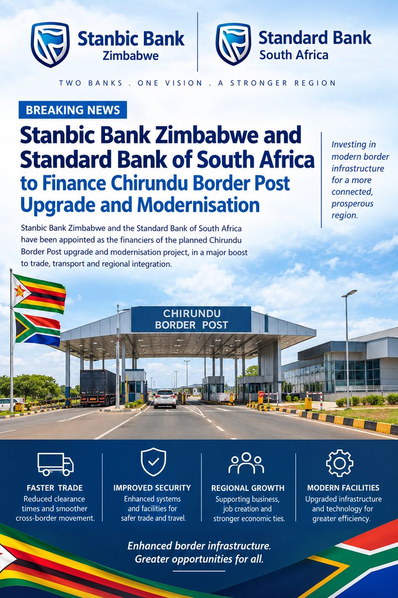 NobleRunyanga's tweet photo. FINANCING DEVELOPMENT: The Standard Bank of South Africa and Stanbic Bank Zimbabwe are the lead arrangers &amp; lenders of the Chirundu Border Post upgrade and modernisation and have reached financial closure for one of the country’s milestone infrastructure development initiatives. https://t.co/RzkGaSnsUE