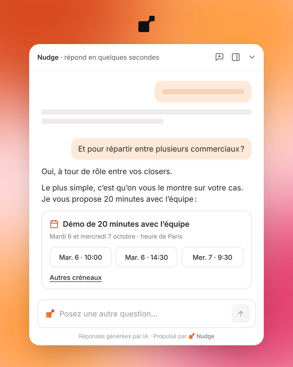 VirgilCaffier's tweet photo. Bon je vous en ai jamais vraiment parlé ici mais depuis un moment je bosse sur un truc avec mes potes @RolandVekemans  et @MaxKonzelmann 

ça s'appelle Nudge, c'est un agent IA qui répond aux visiteurs de ton site et qui leur cale un rdv, même quand ils l'ont pas demandé

je vous montre ça très vite
