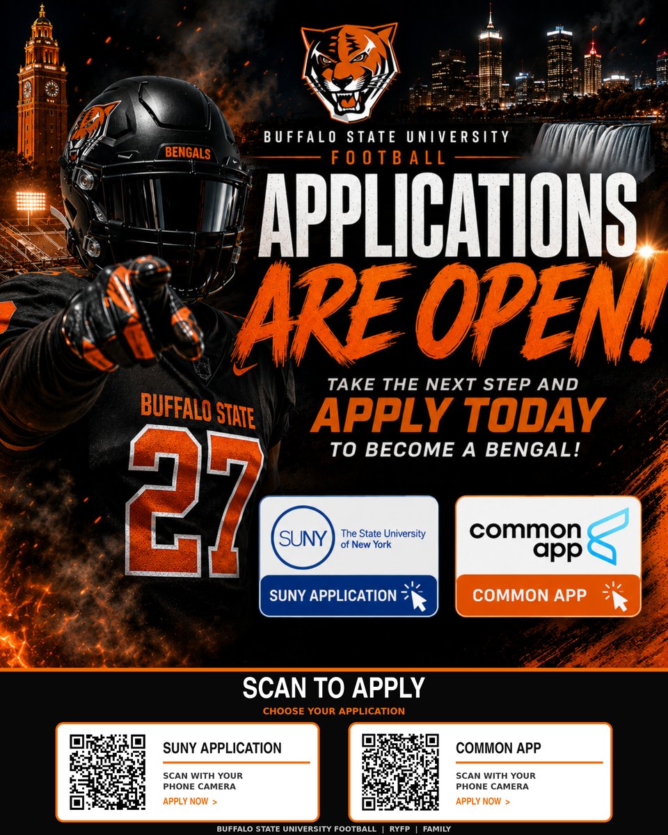 CoachMikeNeale's tweet photo. 🚨2027's:  1st step to joining our Bengal Football Family is to apply for admission.  Apply through the SUNY or Common App., and let us know once you've submitted your application.  Go Bengals! 🔗https://t.co/0Sj2kod2yB @CoachMikeNeale @coachgrinstead https://t.co/p4d0nb3889