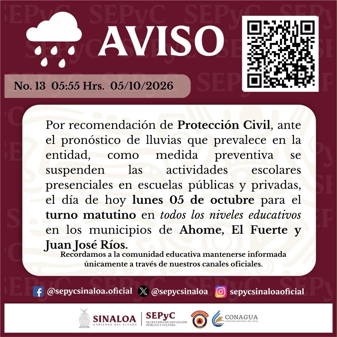 Riodoce_mx's tweet photo. La #Sepyc anunció este lunes la #suspensión de #clases en los turnos matutinos de los planteles de educación básica ubicados en #Ahome, #ElFuerte y #JuanJoséRíos https://t.co/WzzQZDWWnS