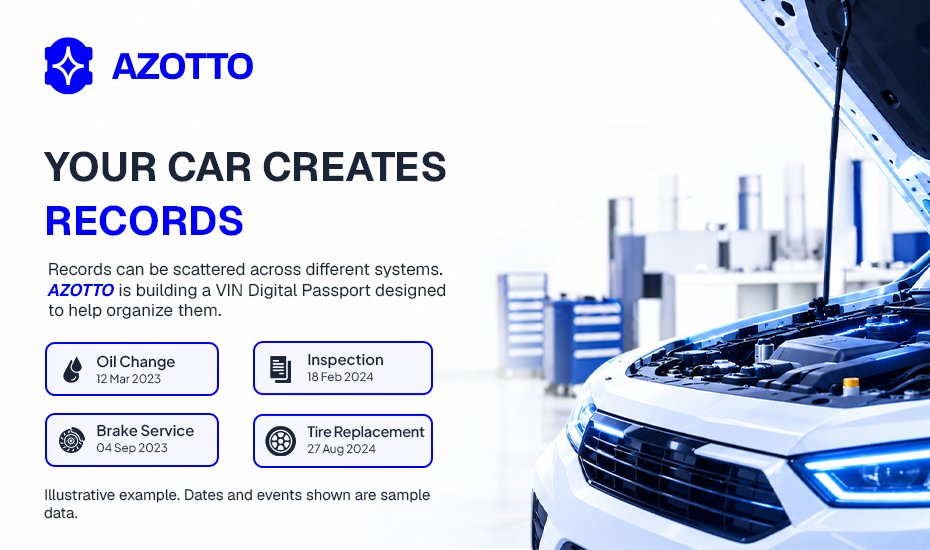 AZOTTOTECH's tweet photo. Every vehicle leaves behind a trail of information.

Maintenance. Inspections. Repairs. Mileage. Ownership events.
But that information can end up scattered across different records, systems, and service providers.

The result? A vehicle history that can be difficult to connect and verify.

AZOTTO is building toward a more organized way to manage that history.
