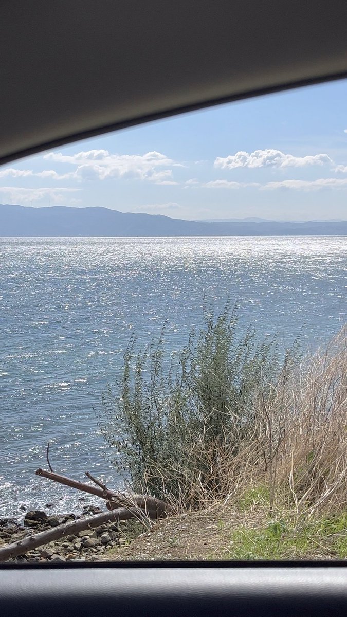 A view through a car window reveals a sparkling ocean with distant mountains under a bright blue sky, framed by tall grasses and driftwood on the shoreline. The serene, expansive seascape reflects the post's sentiment of finding peace and openness in a quiet, personal retreat—where the girl lets her guard down away from the world.