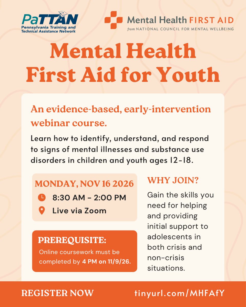 pattanupdates's tweet photo. 📢 Registration is now open for the #YouthMentalHealth First Aid Webinar Course presented by @NationalCouncil 🎉

🧠 This @MHFirstAidUSA training is designed to teach you about mental health and substance challenges in youth. 

📆Nov 16
🕓8:30 AM – 2 PM
🔗https://t.co/RBb46srJ4n https://t.co/lSQTA3B0lW