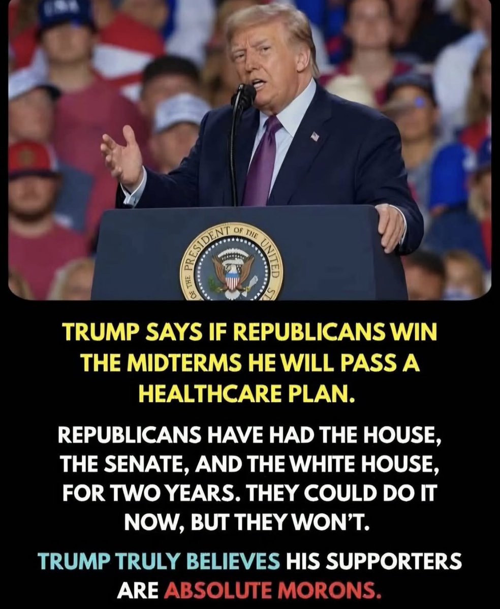 AnnieForTruth's tweet photo. Anyone that would believe this is truly a moron! 🙄 Let me get this straight…if Republicans win the midterms he says he will give each citizen $5,000, a brand new healthcare plan, and the price of gas will go down to $2! 🤣😂🤣 He still owes us a new healthcare plan from his first administration promise, $5,000 DOGE check, $2,500 tariff rebate check, and if he was going to bring gas down it certainly would happen before the midterms. All he does is LIE and make broken promises. Don’t fall for this again! Vote Blue 💙💙💙🇺🇸🇺🇸🇺🇸🇺🇸