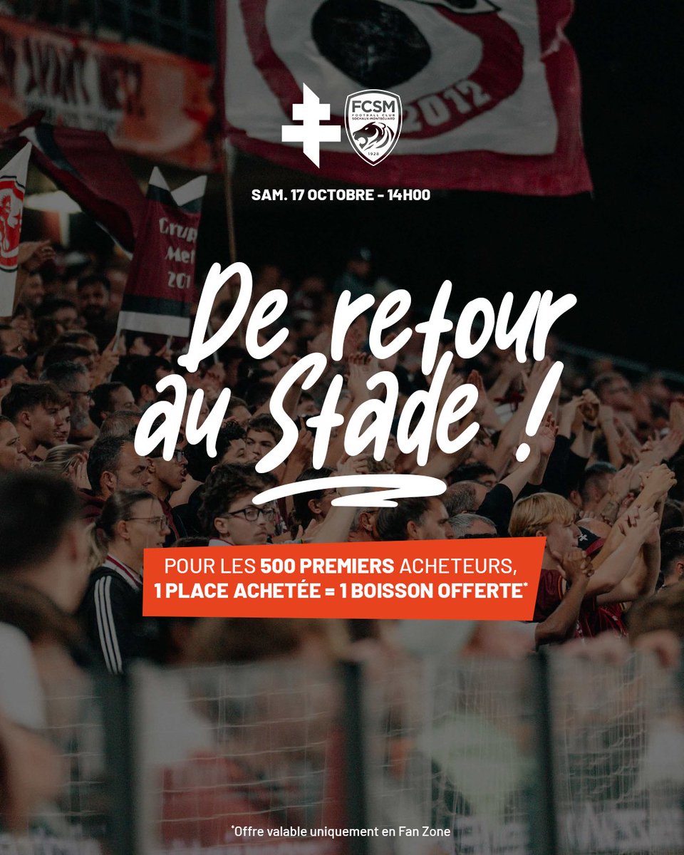 FCMetz's tweet photo. La billetterie pour #FCMFCSM est 𝗢𝗨𝗩𝗘𝗥𝗧𝗘 ! ✊

Pour célébrer le retour des Grenats à Saint-Symphorien, 𝘂𝗻𝗲 𝗯𝗼𝗶𝘀𝘀𝗼𝗻 𝗲𝘀𝘁 𝗼𝗳𝗳𝗲𝗿𝘁𝗲 aux 500 premiers acheteurs 🔛

Prenez vite votre place 🎟️ https://t.co/lUfHWHCXCm https://t.co/ToXNJdPa8R