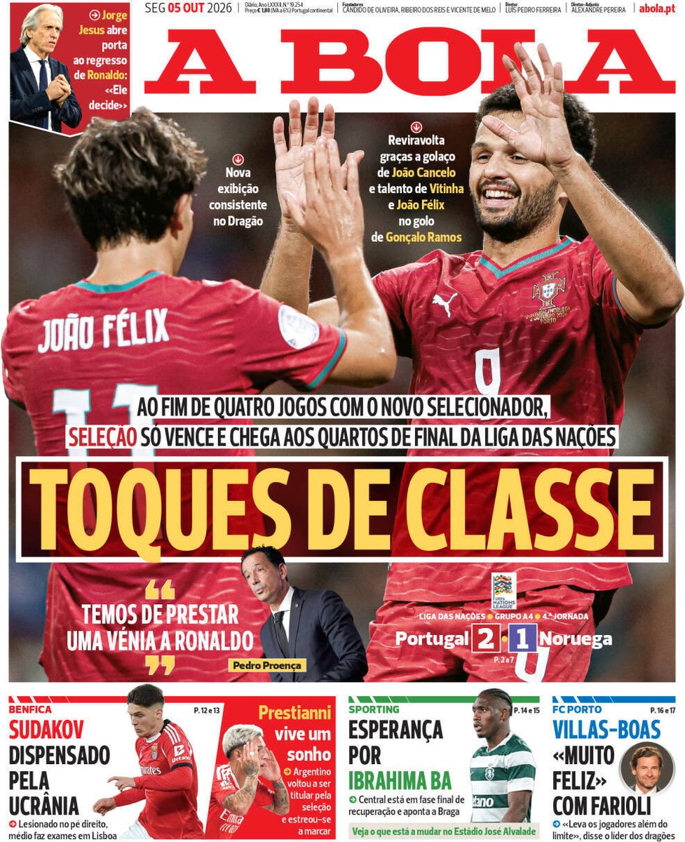 MiguelMartinho7's tweet photo. Ontem foi bem claro que a Seleção vai deixar um legado incrível do Cristiano Ronaldo, com 4 jogos, 4 vitórias com apuramento garantido aos quartos de final. Aqui ficam as capas dos jornais de hoje. #VaiDarPortugal #NationsLeague #PORNOR https://t.co/8dSHGuaZTS