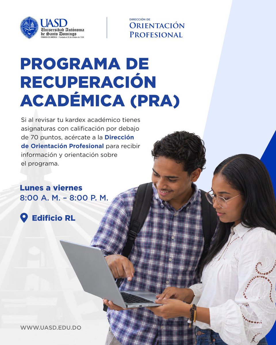 UniversidadUASD's tweet photo. 📚 ¿Tienes asignaturas con calificaciones por debajo de 70 puntos?

La UASD, a través de la Dirección de Orientación Profesional, te orienta sobre el Programa de Recuperación Académica (PRA). Acércate y conoce cómo puedes recibir apoyo para continuar avanzando en tu formación. https://t.co/vpfxgoTYR6
