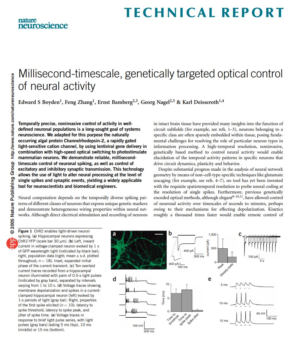 NTFabiano's tweet photo. Karl Deisseroth just won the Nobel Prize.

He showed that brain cells can be turned on/off by shining blue light on them, after inserting a light-sensitive protein from algae.

The method was named optogenetics and has been used worldwide to link specific neural circuits to behavior.