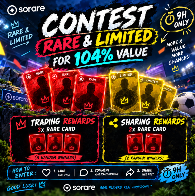 PawelTrader_'s tweet photo. 🔥 SORARE CONTEST IS LIVE! 🔥

🔴🟡 RARE & LIMITED CARDS FOR 104% VALUE! 💰

⏰ ONLY 9 HOURS!

🎁 TRADING REWARDS
🔴 3x Rare Cards
🏆 3 random winners

🎁 SHARING REWARDS
🔴 2x Rare Cards
🏆 2 random winners
🚀 HOW TO ENTER

❤️ Like this post
💬 Comment your Sorare username
🔁 Share this post
💎 Trade your Rare & Limited cards with me for 104% of their value!

⏳ 9 HOURS ONLY — DON'T MISS IT!

🍀 Good luck everyone & happy trading! ⚽️🔥
#Sorare #SorareGiveaway #SorareTrading #SorareCommunity #SorareCards