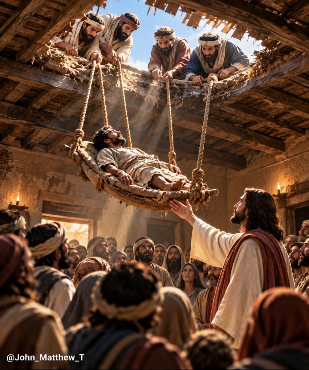 John_Matthew_T's tweet photo. Jesus was teaching inside a crowded house in Capernaum. So many people had gathered that there was no room left, not even outside the door.

Then four men arrived carrying their paralyzed friend. They couldn't get through the crowd.

But they didn't give up.

They climbed onto the roof, opened a space, and lowered their friend down in front of Jesus.

When Jesus saw their faith, He said:
“Son, your sins are forgiven.”
Mark 2:5

Some people questioned Jesus in their hearts.

Then Jesus said:
“Get up, take your mat and go home.”
Mark 2:11

Immediately, the man stood up, picked up his mat, and walked out in front of everyone. What the crowd saw as an impossible situation became a testimony of the power of Jesus.

And there is something beautiful about those four friends. They carried their friend when he couldn't carry himself.

Sometimes faith means believing for someone who has lost hope. Sometimes love means refusing to stop praying, helping, and bringing someone closer to Jesus.

You may feel like you're carrying a burden you cannot overcome. Keep bringing it to Jesus. What you cannot do in your own strength is never too difficult for Him .