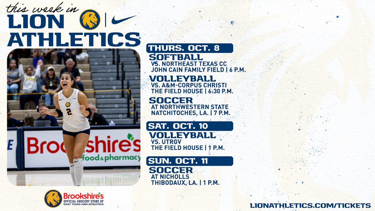 Lion_Athletics's tweet photo. This Week In Lion Athletics presented by Brookshire's 

Catch @Lion_Volleyball and @Lion_Softball at home this week, while @Lion_WSOC is on the road! #HailET 

📰: https://t.co/2oDfHA4dmP https://t.co/UiI4sltFJ4