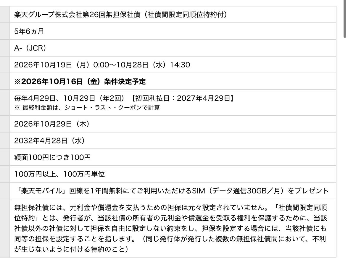 kamonabe_tori's tweet photo. 楽天の社債の情報が流れてきて「お！」と思ったけど、100万〜はキツい、、

だったら、楽天の株買います https://t.co/Lj7YDmJAz0