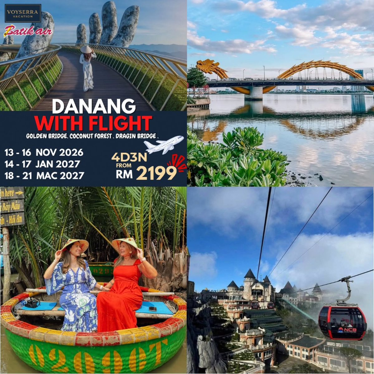 TheChonna's tweet photo. Danang Vietnam 4H3M, destinasi healing dengan view ala drama overseas. Nikmati Bana Hills, Golden Bridge dan Coconut Forest. Tarikh cuti sekolah &amp; umum tersedia. Dari RM2199 sahaja. https://t.co/5WwzsV5bZs