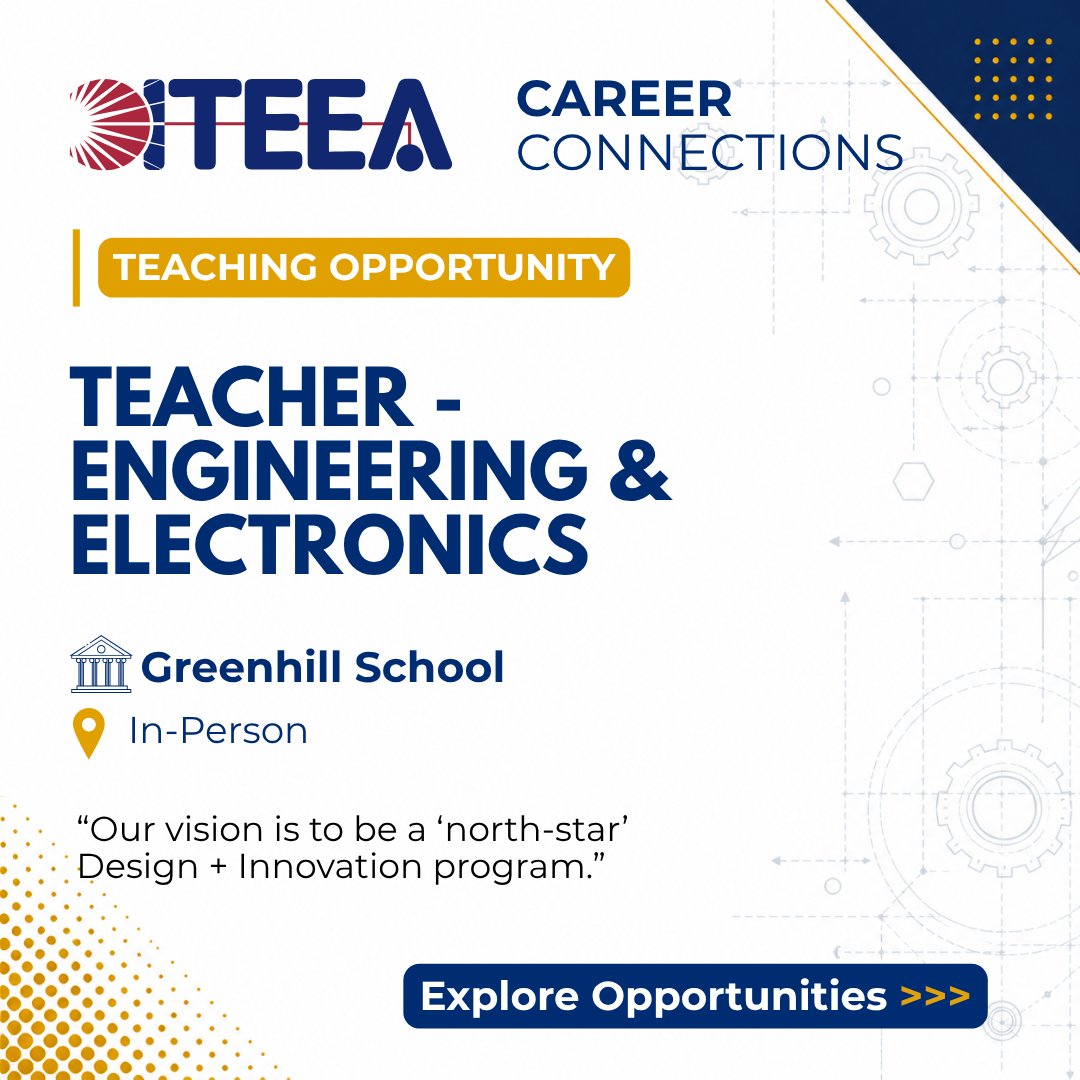 iteea's tweet photo. Job Title Teacher - Engineering &amp; Electronics
Organization - @GreenhillSchool  
Learn more at - https://t.co/2SyNGbVN5c https://t.co/qkMIc6pQ2A