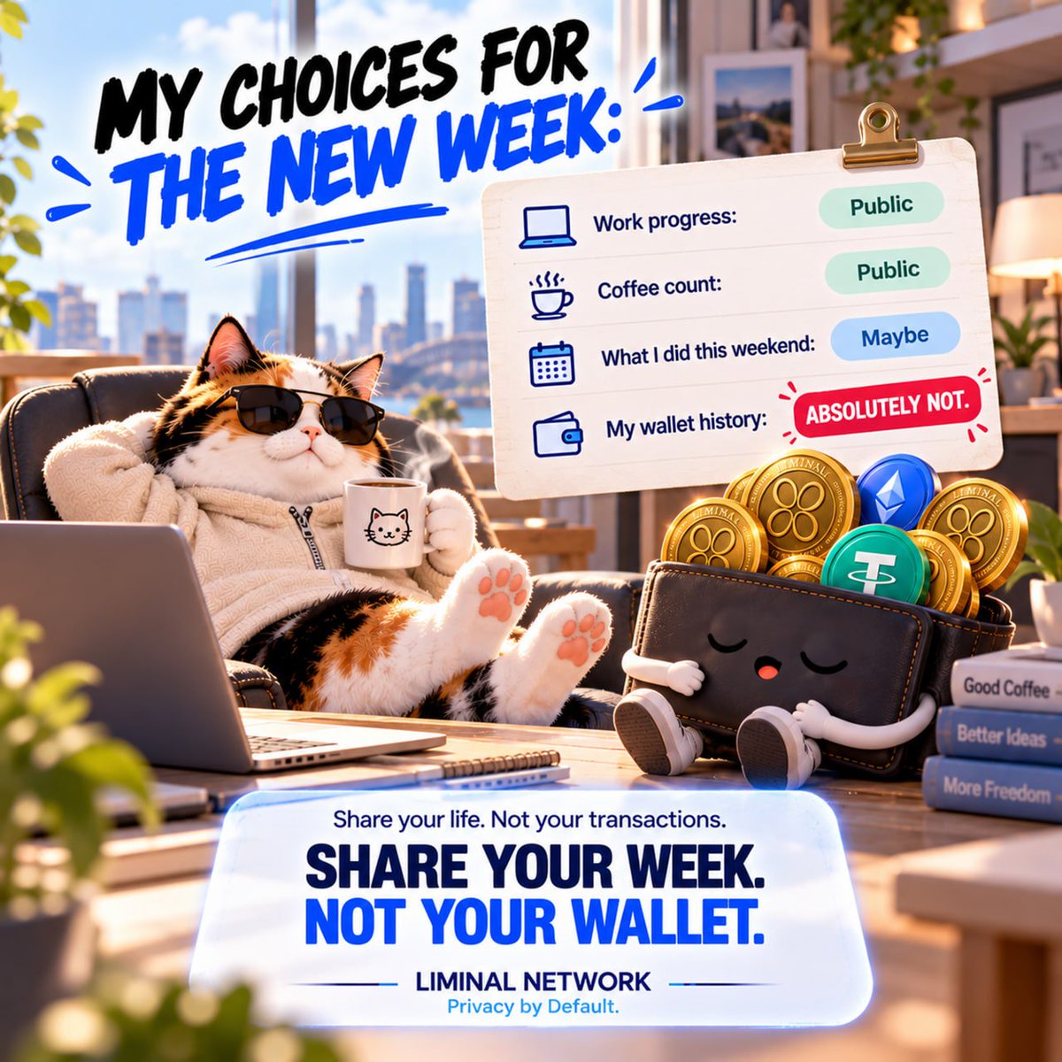 LiminalNet's tweet photo. New week. Same rule. 😼
☕ Coffee count? Public.
💼 Work progress? Public.
👛 Wallet history? Absolutely not. 🔒
Share your week. Not your wallet.
#Liminal #Privacy #Web3 https://t.co/uZxJ6TG9Au