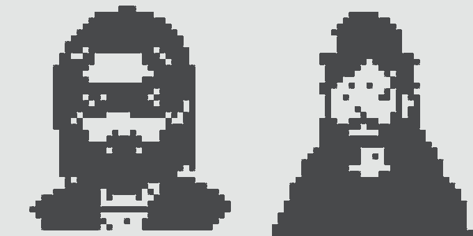 Two pixelated dark blue figures appear on a white background; the right figure has an X marking where its face should be.